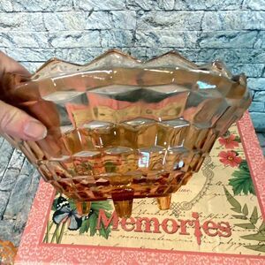 Vintage Large Pink Depression Glass Footed Bowl Cubed Pattern Salad Bowl